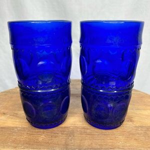 Vintage Colbalt Blue Thumbprint Tiara Crown Imperial Flat Iced Tea Glass 5 1/2”
